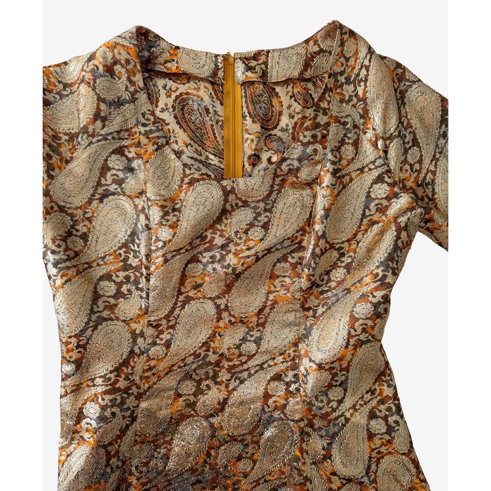 Vintage 60's 70's Metallic Brocade Paisley A-Line Hostess Maxi Dress - Picture 7 of 7